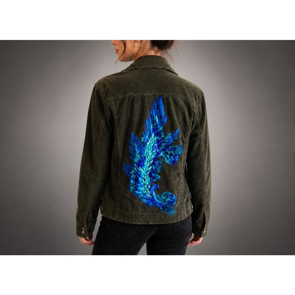 Chico’s Size 4 Olive Green Corduroy Jacket Custom Sequin Fleur De Lis Statement